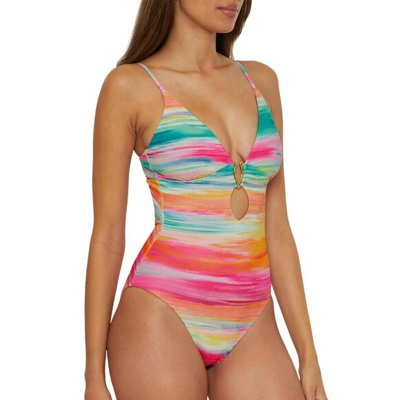 NWT Becca Keyhole Plunging Verano One Piece Swimsuit 151057 Multicolor Blue M - Picture 2 of 8